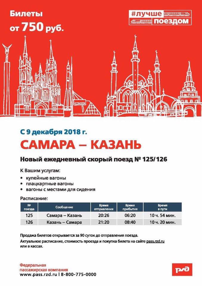 Билеты на новый поезд Самара — Казань будут стоить от 750 рублей
